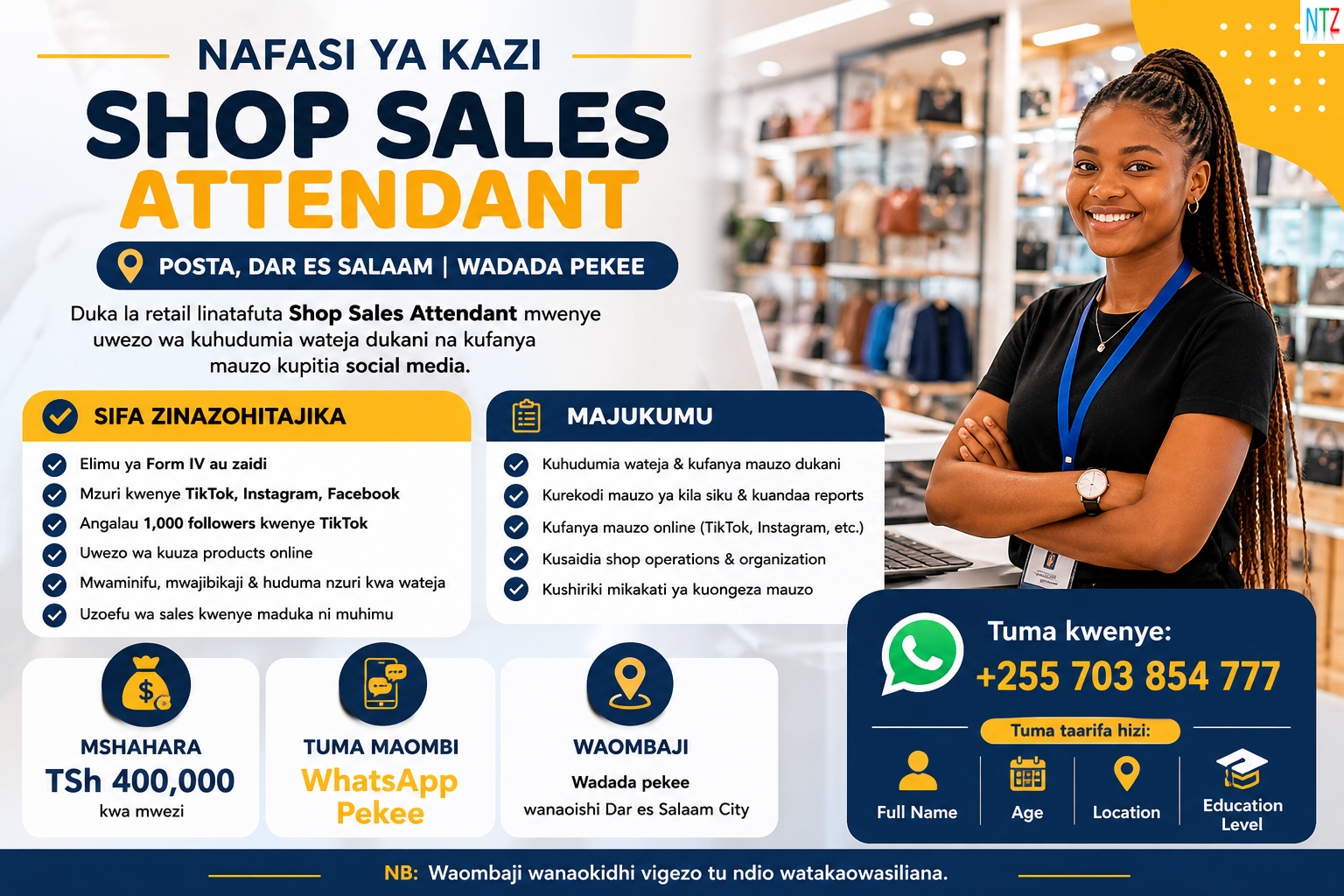 NAFASI YA KAZI: SHOP SALES ATTENDANT
