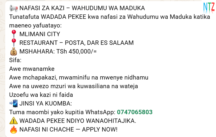 Shop Attendant Job Vacancies – Nafasi za Kazi za Wahudumu wa Maduka Dar es Salaam